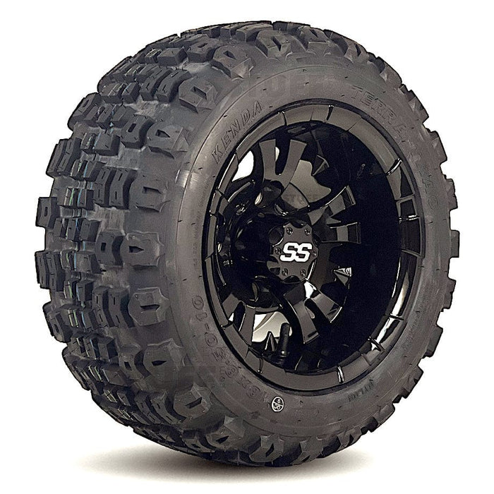 10" Vampire Gloss Black Golf Cart Wheels and 18" All Terrain Golf Cart Tires Combo - Set of 4  - 18" Tall (Fits all Carts!)