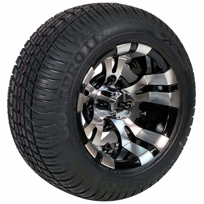 10" Vampire Black/Machined Aluminum Golf Cart Wheels and 205/50-10 DOT Street/Turf Golf Cart Tires Combo - Set of 4 (Choose your tire!)