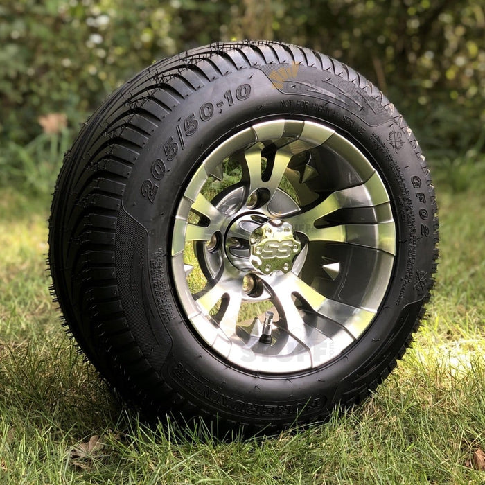 10" Vampire Gunmetal/Machined Aluminum Golf Cart Wheels and 205/50-10 DOT Street/Turf Golf Cart Tires Combo - Set of 4 (Choose your tire!)