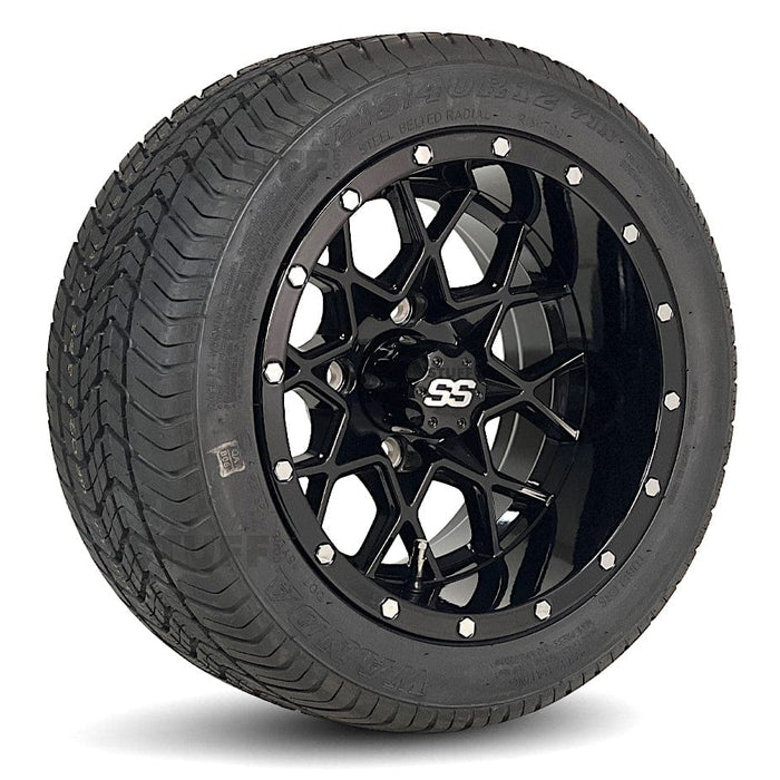 12" Matrix Gloss Black Golf Cart Wheels and DOT Approved Street Turf Tires Combo - Set of 4