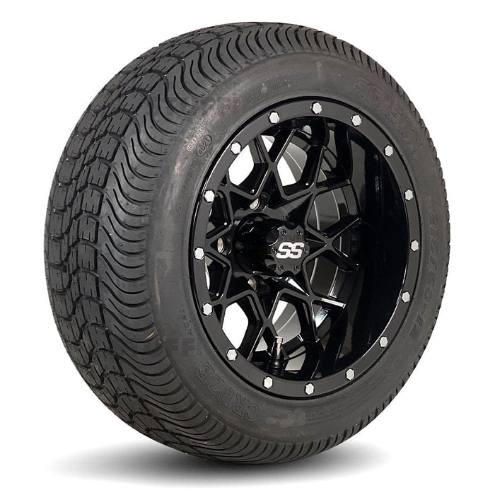 12" Matrix Gloss Black Golf Cart Wheels and DOT Approved Street Turf Tires Combo - Set of 4