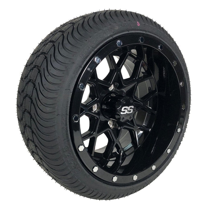 12" Matrix Gloss Black Golf Cart Wheels and DOT Approved Street Turf Tires Combo - Set of 4