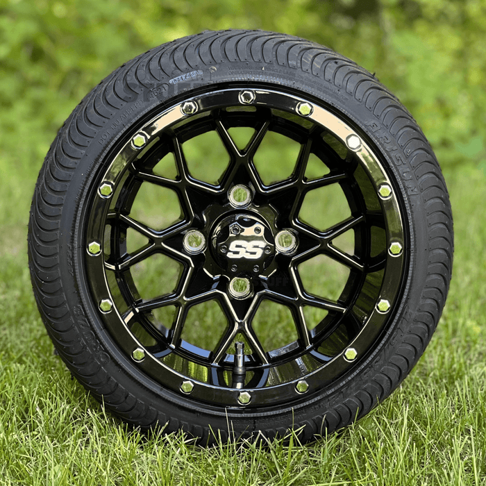 12" Matrix Gloss Black Golf Cart Wheels and DOT Approved Street Turf Tires Combo - Set of 4