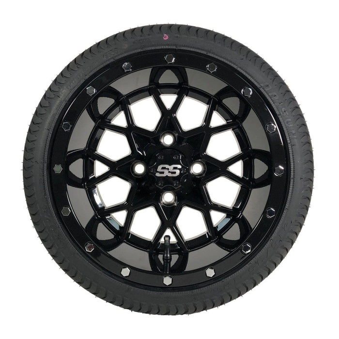 12" Matrix Gloss Black Golf Cart Wheels and DOT Approved Street Turf Tires Combo - Set of 4