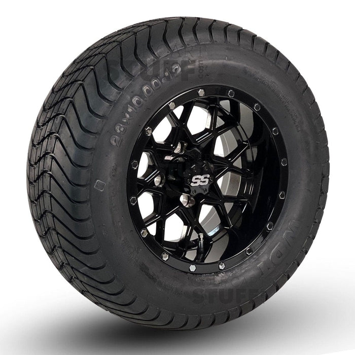 12" Matrix Gloss Black Golf Cart Wheels and DOT Approved Street Turf Tires Combo - Set of 4