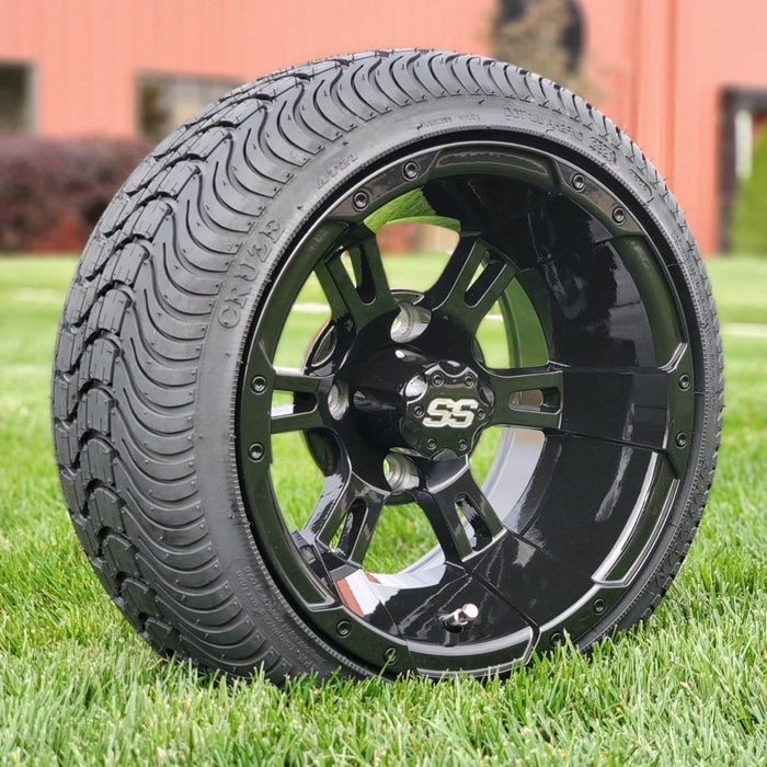 12" Stallion Gloss Black Aluminum Golf Cart Wheels and 215/35-12 Low-Profile DOT Street & Turf Tires Combo - Set of 4 (Choose your tire!)