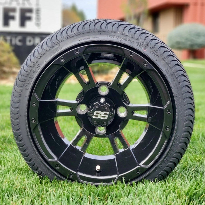 12" Stallion Gloss Black Aluminum Golf Cart Wheels and 215/35-12 Low-Profile DOT Street & Turf Tires Combo - Set of 4 (Choose your tire!)