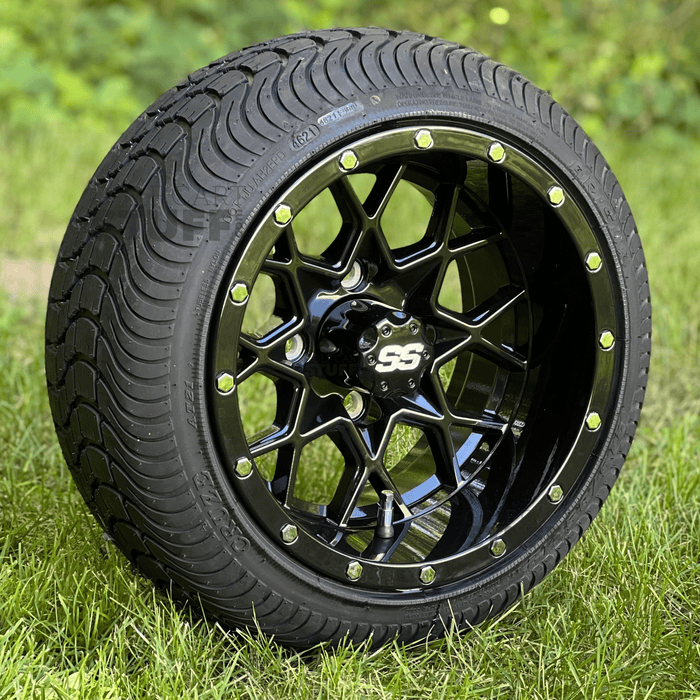 12" Matrix Gloss Black Golf Cart Wheels and DOT Approved Street Turf Tires Combo - Set of 4