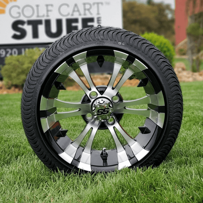 14" Vampire Machined/Black Aluminum Golf Cart Wheels and 205/30-14 Low-Profile DOT Street & Turf Tires Combo - Set of 4