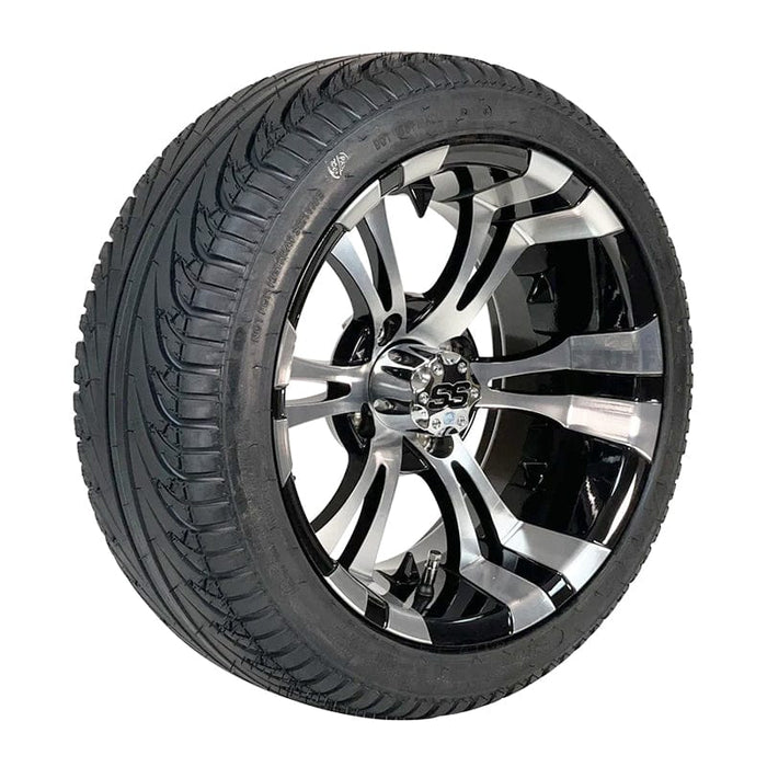 14" Vampire Machined/Black Aluminum Golf Cart Wheels and 205/30-14 Low-Profile DOT Street & Turf Tires Combo - Set of 4