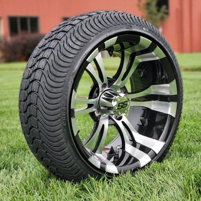 14" Vampire Machined/Black Aluminum Golf Cart Wheels and 205/30-14 Low-Profile DOT Street & Turf Tires Combo - Set of 4