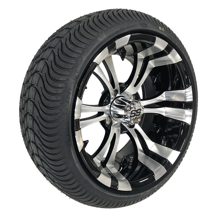 14" Vampire Machined/Black Aluminum Golf Cart Wheels and 205/30-14 Low-Profile DOT Street & Turf Tires Combo - Set of 4