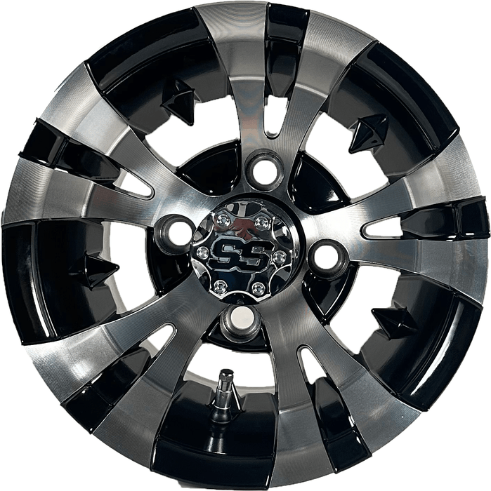 10" Vampire Black/Machined Aluminum Golf Cart Wheels and 205/50-10 DOT Street/Turf Golf Cart Tires Combo - Set of 4 (Choose your tire!)