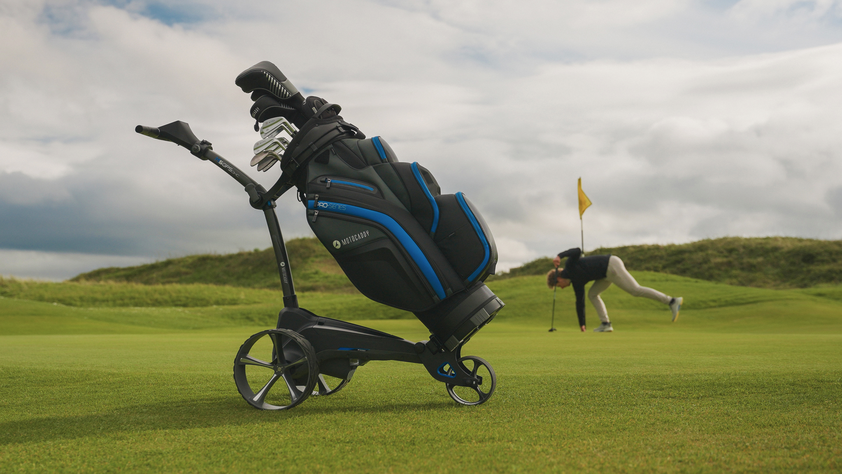 Motocaddy M5 GPS DHC Electric Golf Caddy Cart on the course side view