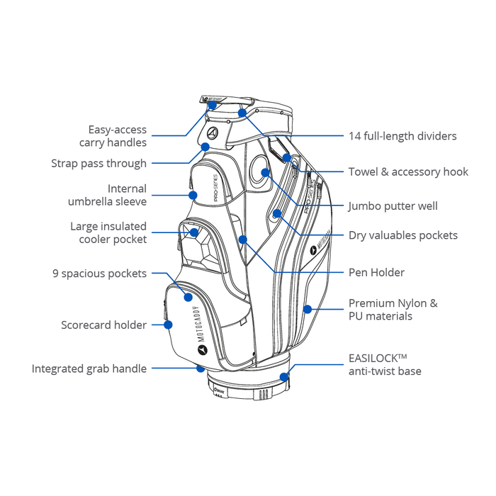 Motocaddy Proseries golf bag especifications details