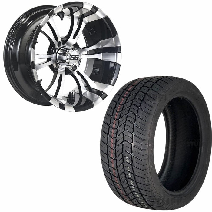 14" Vampire Machined/Black Aluminum Golf Cart Wheels and 205/30-14 Low-Profile DOT Street & Turf Tires Combo - Set of 4