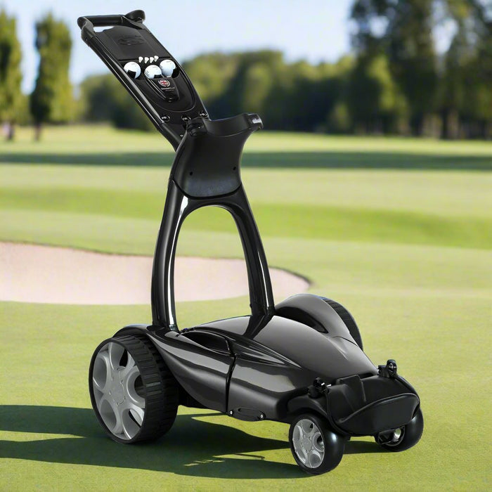 Stewart X10 Follow Electric Golf Push Cart Black n a Golf Course