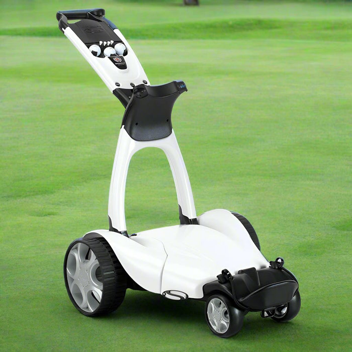 Stewart X10 Follow Electric Golf Push Cart White in a Golf Course