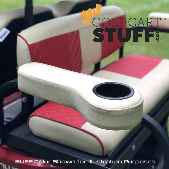 Black Golf Cart Rear Seat Cushioned Arm Rest w/ Cup Holder Set - Fits all Club Car, EZGO, Yamaha Carts!